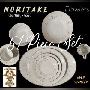 Noritake Courtney 6520 51 pc - 24k Gld & Wht Fine Porcelain Set. Gold Backstamp